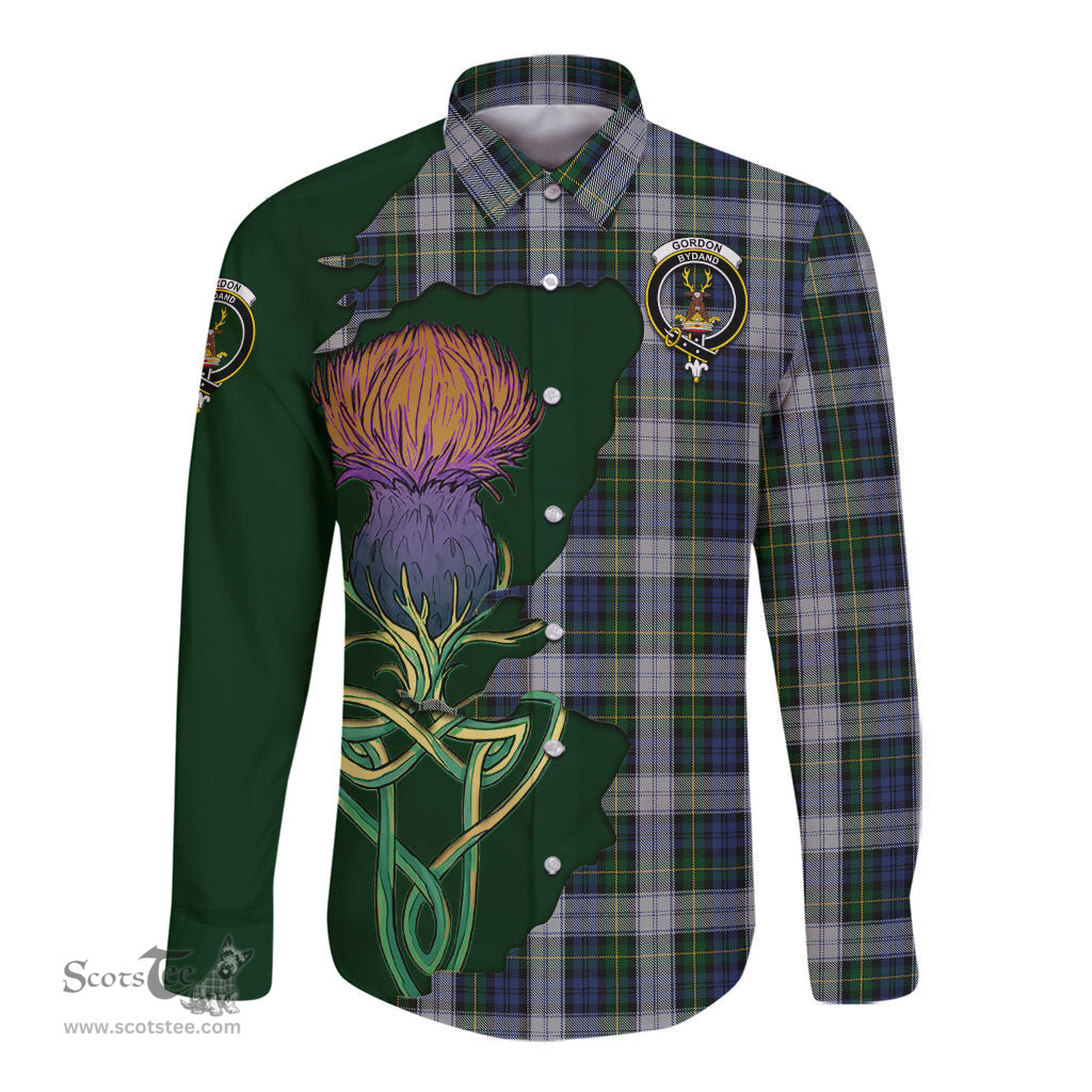 Scottish Gordon Dress Clan Tartan Crest with Thistle and Scotland Map Tartan Long Sleeve Shirt Scottish Plaid Tartan Plaid - ScotsTee - scotstee.com
