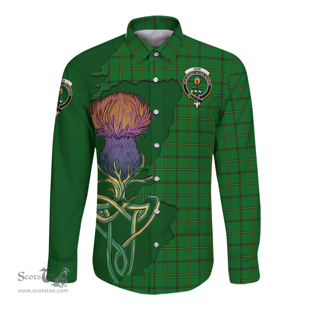 Scottish Don Clan Tartan Crest with Thistle and Scotland Map Tartan Long Sleeve Shirt Scottish Plaid Tartan Plaid - ScotsTee - scotstee.com
