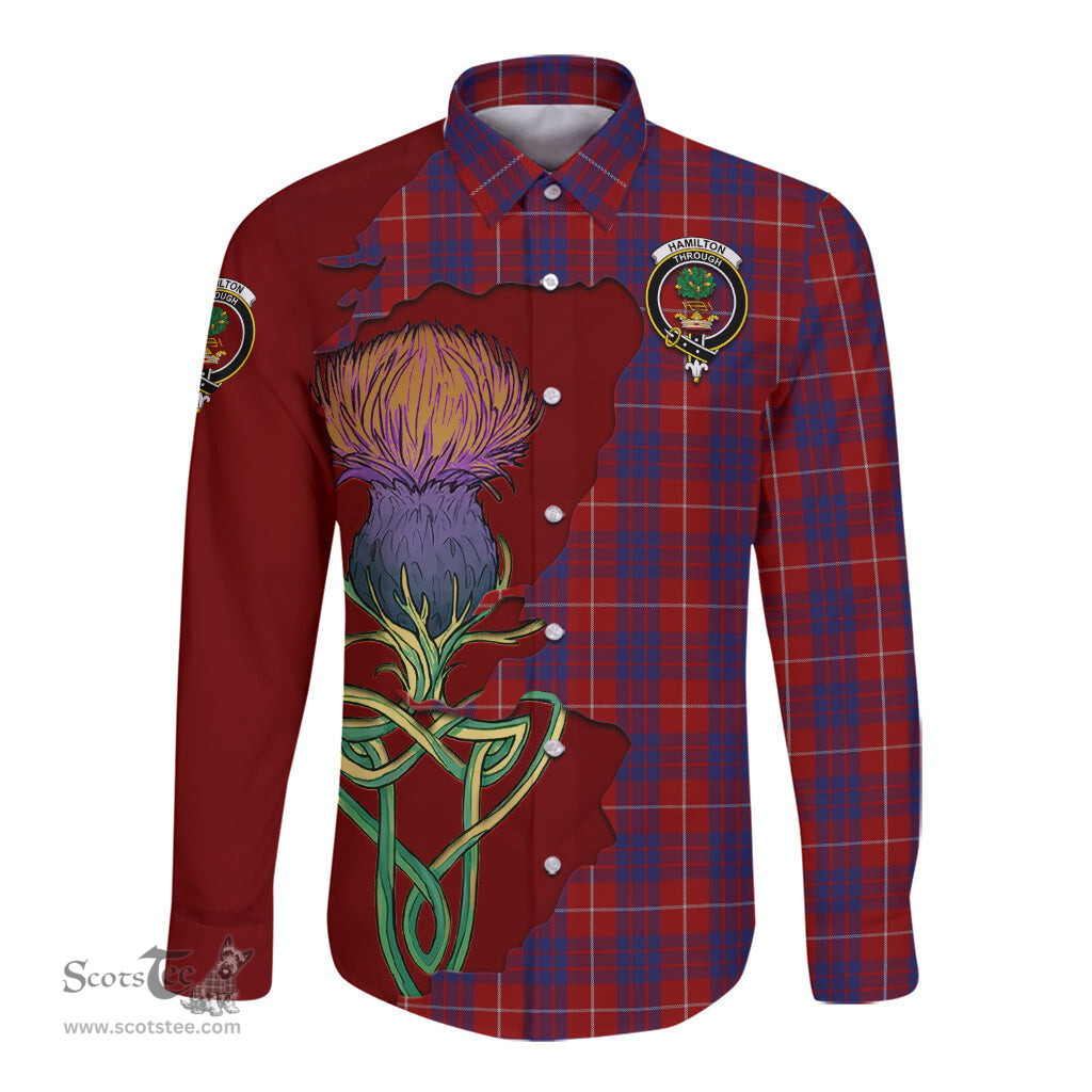 Scottish Hamilton Clan Tartan Crest with Thistle and Scotland Map Tartan Long Sleeve Shirt Scottish Plaid Tartan Plaid - ScotsTee - scotstee.com