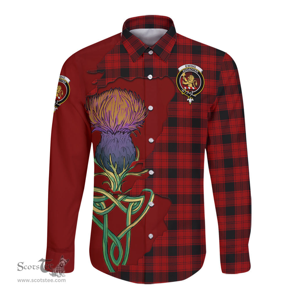 Scottish Ewing Clan Tartan Crest with Thistle and Scotland Map Tartan Long Sleeve Shirt Scottish Plaid Tartan Plaid - ScotsTee - scotstee.com