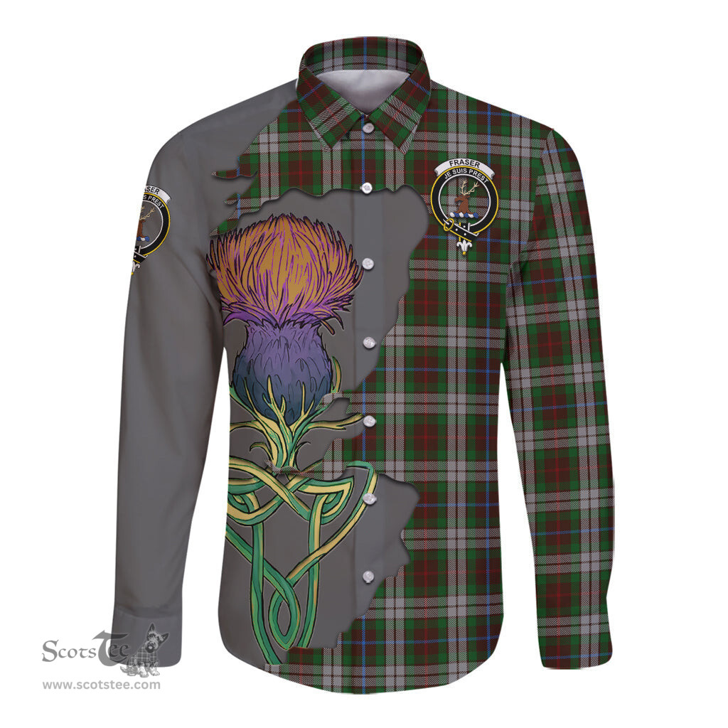Scottish Fraser Hunting Dress Clan Tartan Crest with Thistle and Scotland Map Tartan Long Sleeve Shirt Scottish Plaid Tartan Plaid - ScotsTee - scotstee.com