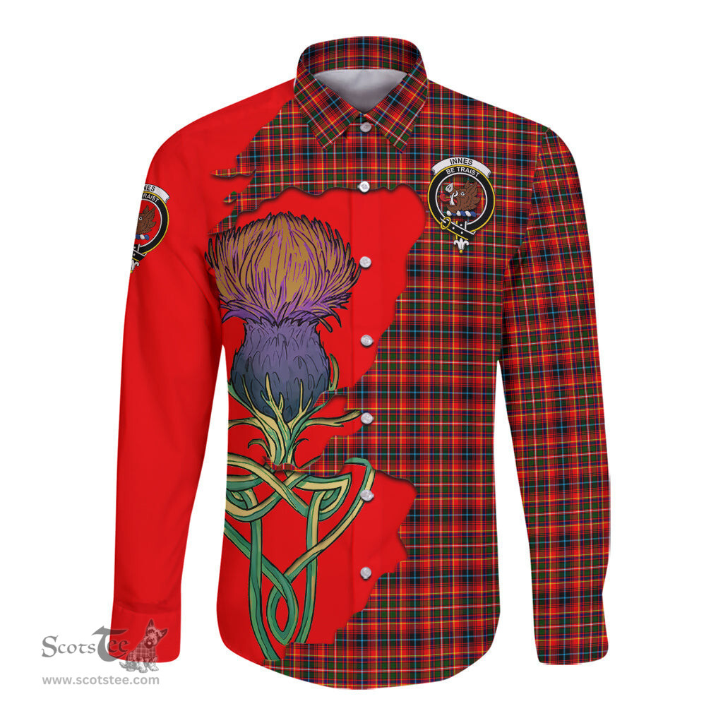 Scottish Innes Modern Clan Tartan Crest with Thistle and Scotland Map Tartan Long Sleeve Shirt Scottish Plaid Tartan Plaid - ScotsTee - scotstee.com