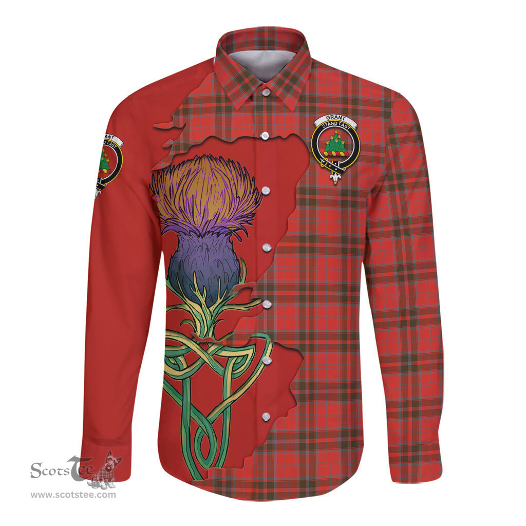 Scottish Grant Weathered Clan Tartan Crest with Thistle and Scotland Map Tartan Long Sleeve Shirt Scottish Plaid Tartan Plaid - ScotsTee - scotstee.com