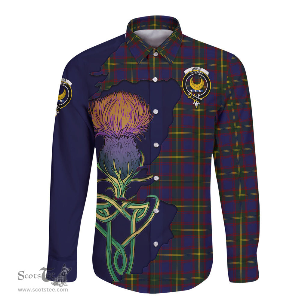 Scottish Durie Clan Tartan Crest with Thistle and Scotland Map Tartan Long Sleeve Shirt Scottish Plaid Tartan Plaid - ScotsTee - scotstee.com