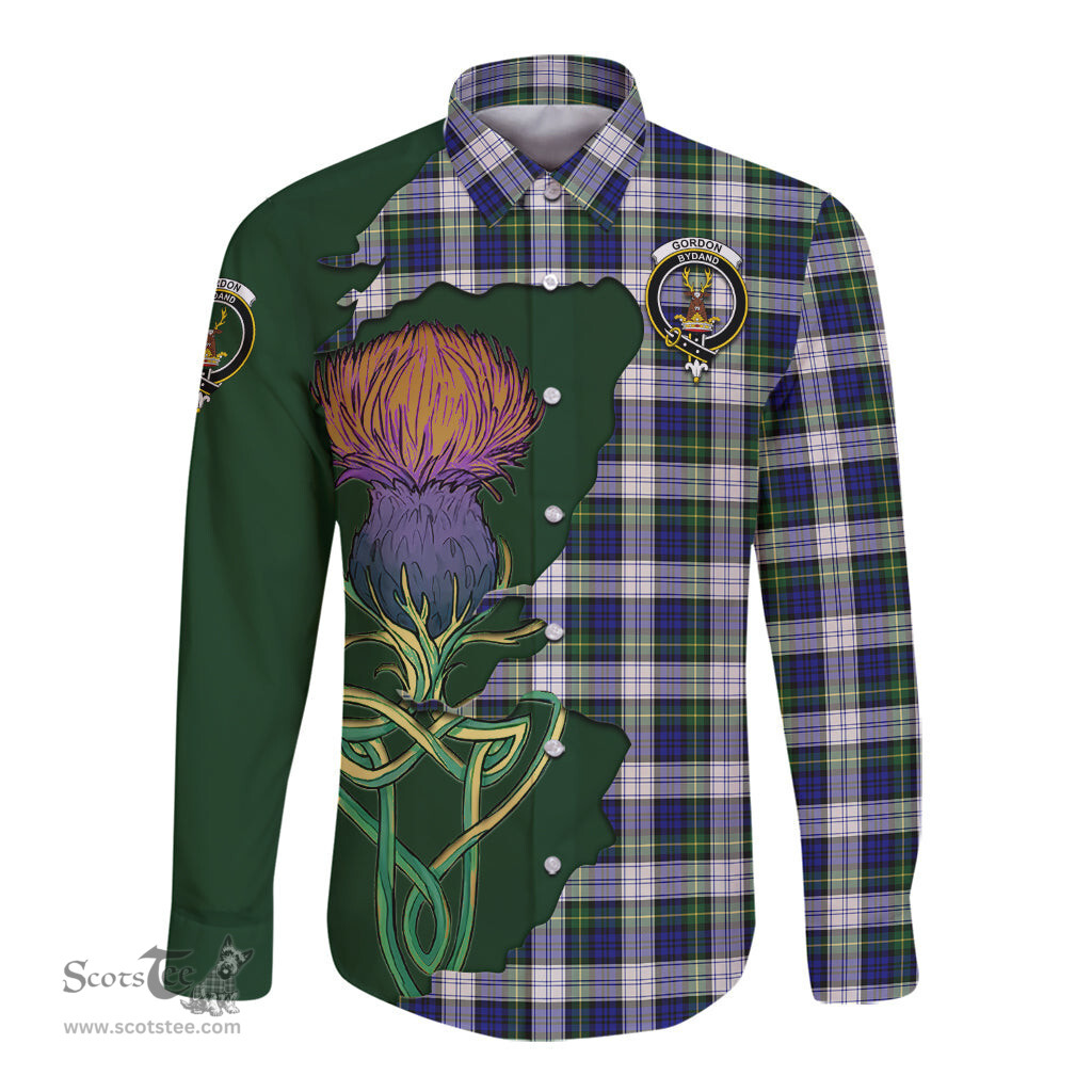 Scottish Gordon Dress Modern Clan Tartan Crest with Thistle and Scotland Map Tartan Long Sleeve Shirt Scottish Plaid Tartan Plaid - ScotsTee - scotstee.com