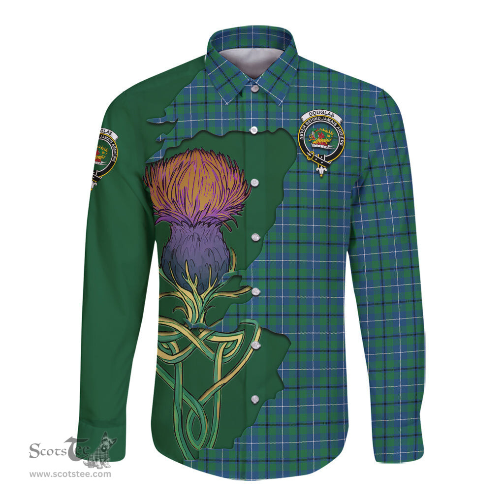 Scottish Douglas Ancient Clan Tartan Crest with Thistle and Scotland Map Tartan Long Sleeve Shirt Scottish Plaid Tartan Plaid - ScotsTee - scotstee.com