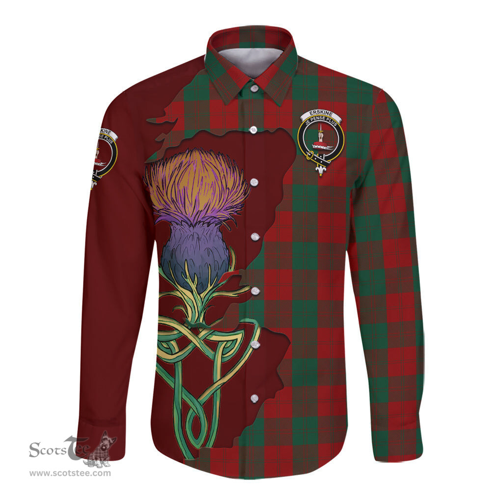 Scottish Erskine Clan Tartan Crest with Thistle and Scotland Map Tartan Long Sleeve Shirt Scottish Plaid Tartan Plaid - ScotsTee - scotstee.com