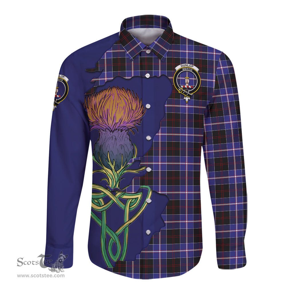 Scottish Dunlop Modern Clan Tartan Crest with Thistle and Scotland Map Tartan Long Sleeve Shirt Scottish Plaid Tartan Plaid - ScotsTee - scotstee.com