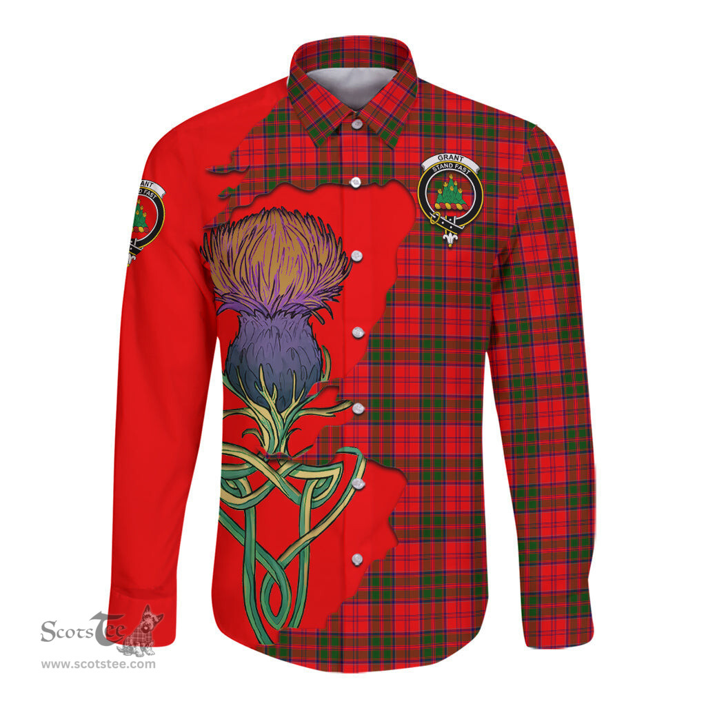 Scottish Grant Modern Clan Tartan Crest with Thistle and Scotland Map Tartan Long Sleeve Shirt Scottish Plaid Tartan Plaid - ScotsTee - scotstee.com