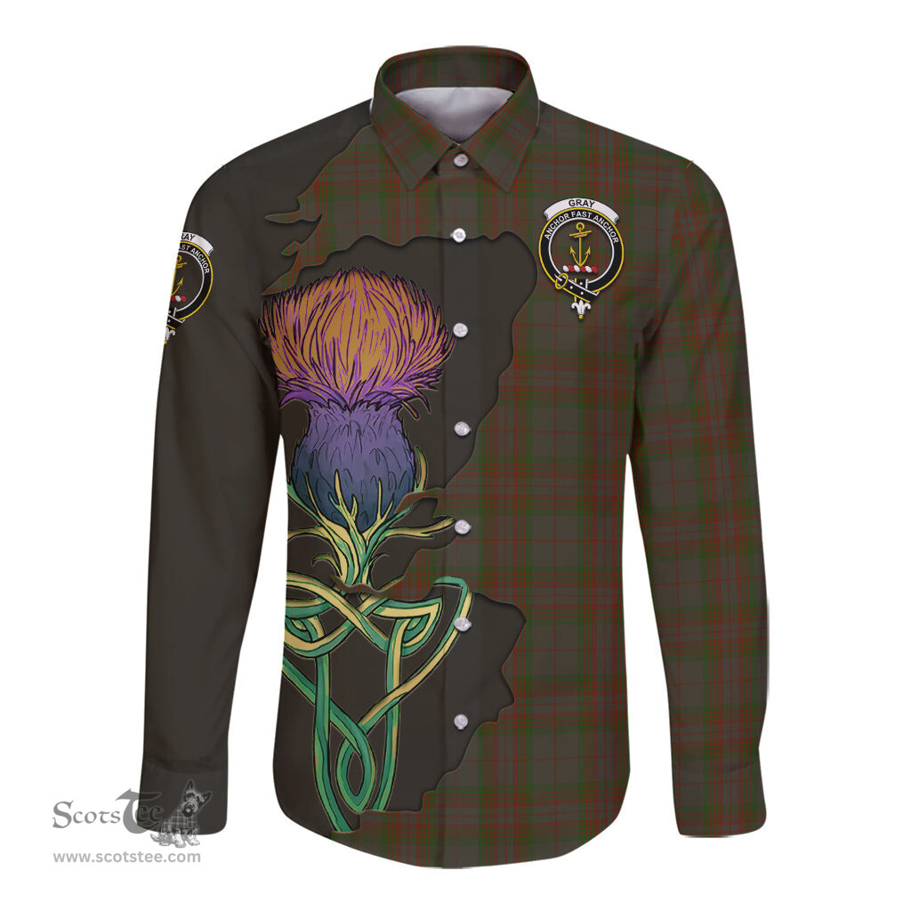 Scottish Gray Clan Tartan Crest with Thistle and Scotland Map Tartan Long Sleeve Shirt Scottish Plaid Tartan Plaid - ScotsTee - scotstee.com