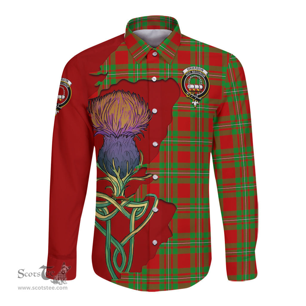 Scottish Grierson Clan Tartan Crest with Thistle and Scotland Map Tartan Long Sleeve Shirt Scottish Plaid Tartan Plaid - ScotsTee - scotstee.com