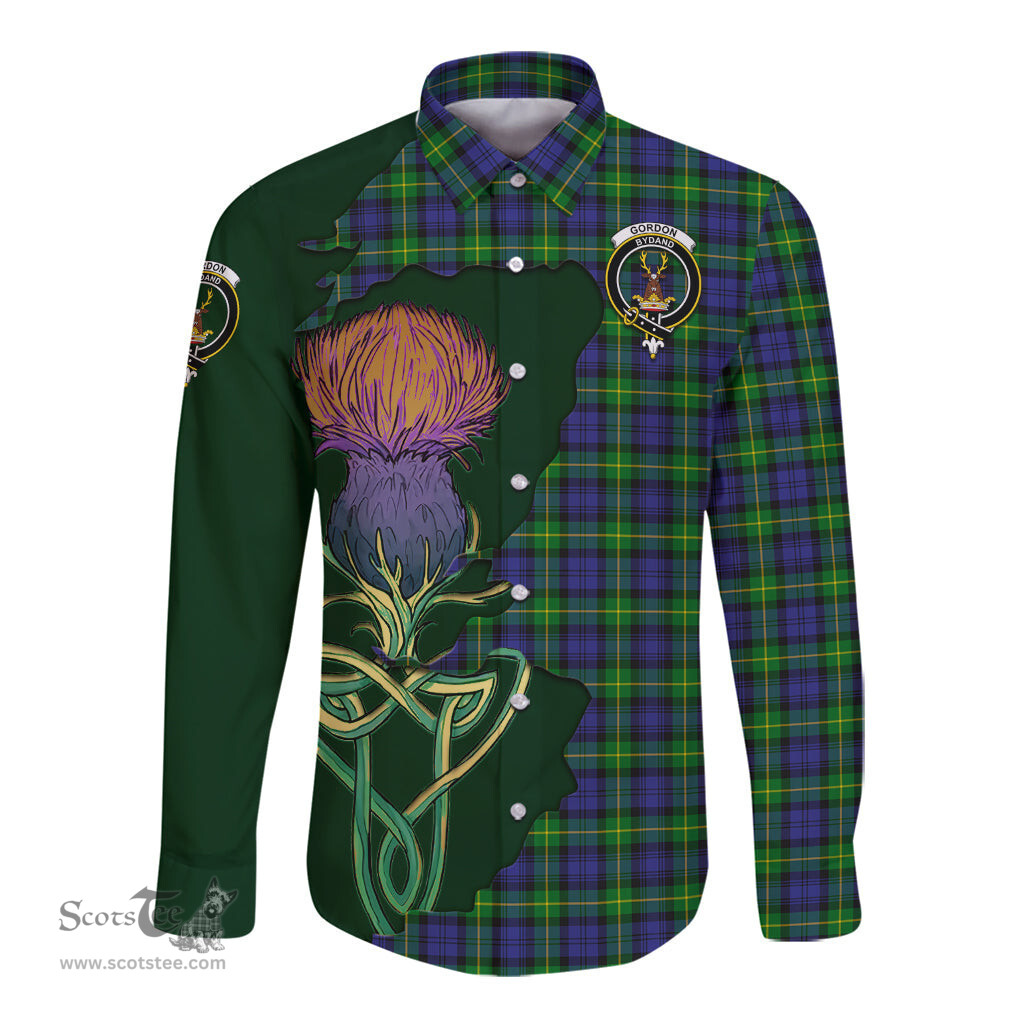 Scottish Gordon Modern Clan Tartan Crest with Thistle and Scotland Map Tartan Long Sleeve Shirt Scottish Plaid Tartan Plaid - ScotsTee - scotstee.com