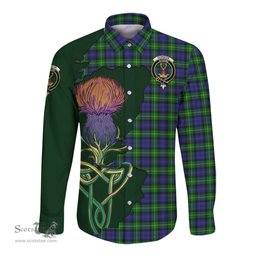 Scottish Gordon Modern Clan Tartan Crest with Thistle and Scotland Map Tartan Long Sleeve Shirt Scottish Plaid Tartan Plaid - ScotsTee - scotstee.com