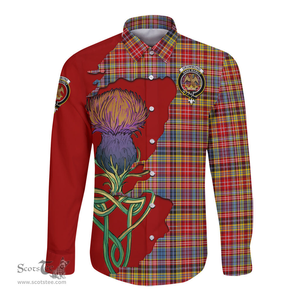 Scottish Drummond of Strathallan Modern Clan Tartan Crest with Thistle and Scotland Map Tartan Long Sleeve Shirt Scottish Plaid Tartan Plaid - ScotsTee - scotstee.com