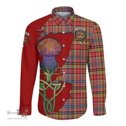 Scottish Drummond of Strathallan Modern Clan Tartan Crest with Thistle and Scotland Map Tartan Long Sleeve Shirt Scottish Plaid Tartan Plaid - ScotsTee - scotstee.com