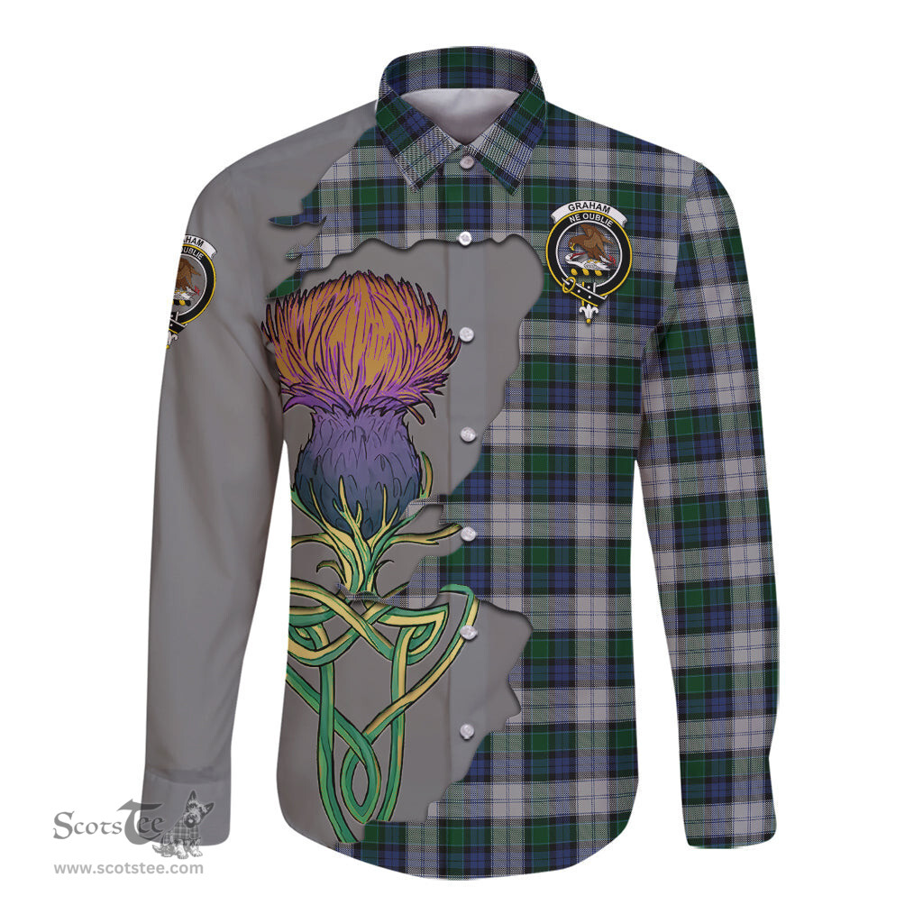 Scottish Graham Dress Clan Tartan Crest with Thistle and Scotland Map Tartan Long Sleeve Shirt Scottish Plaid Tartan Plaid - ScotsTee - scotstee.com