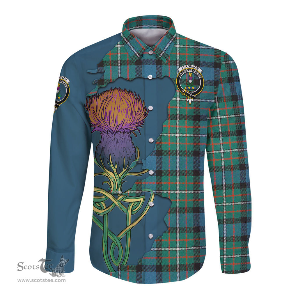 Scottish Ferguson Ancient Clan Tartan Crest with Thistle and Scotland Map Tartan Long Sleeve Shirt Scottish Plaid Tartan Plaid - ScotsTee - scotstee.com