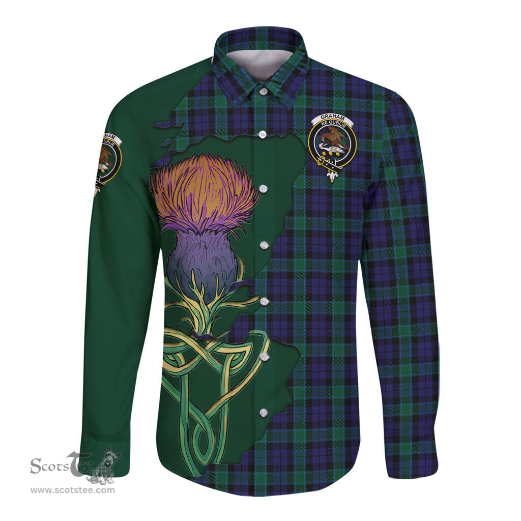 Scottish Graham of Menteith Clan Tartan Crest with Thistle and Scotland Map Tartan Long Sleeve Shirt Scottish Plaid Tartan Plaid - ScotsTee - scotstee.com