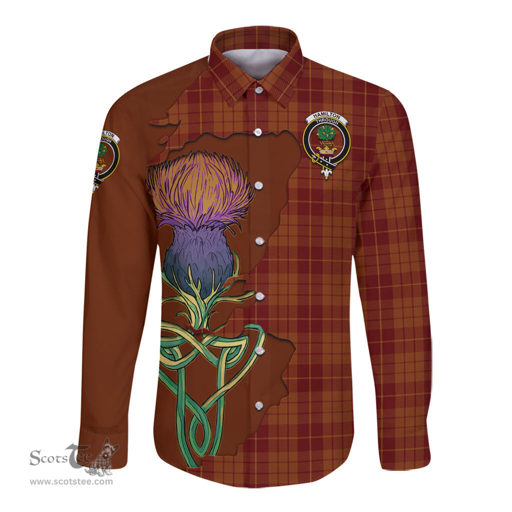Scottish Hamilton Red Clan Tartan Crest with Thistle and Scotland Map Tartan Long Sleeve Shirt Scottish Plaid Tartan Plaid - ScotsTee - scotstee.com