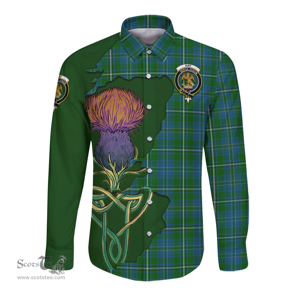 Scottish Hay Hunting Clan Tartan Crest with Thistle and Scotland Map Tartan Long Sleeve Shirt Scottish Plaid Tartan Plaid - ScotsTee - scotstee.com