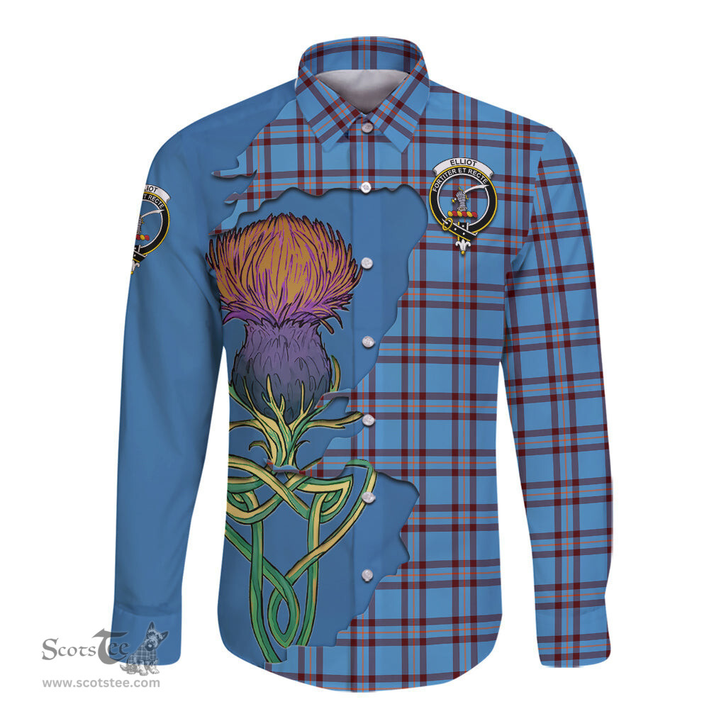 Scottish Elliot Ancient Clan Tartan Crest with Thistle and Scotland Map Tartan Long Sleeve Shirt Scottish Plaid Tartan Plaid - ScotsTee - scotstee.com