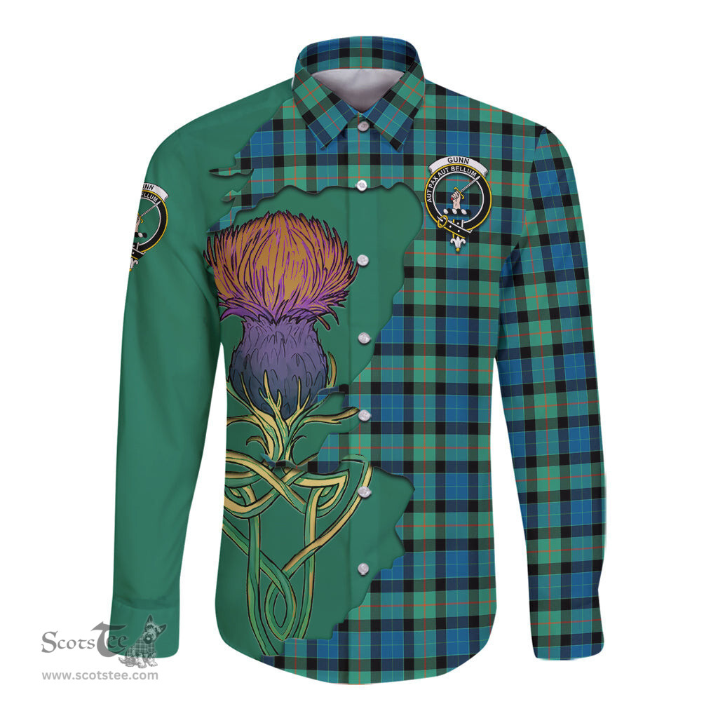 Scottish Gunn Ancient Clan Tartan Crest with Thistle and Scotland Map Tartan Long Sleeve Shirt Scottish Plaid Tartan Plaid - ScotsTee - scotstee.com