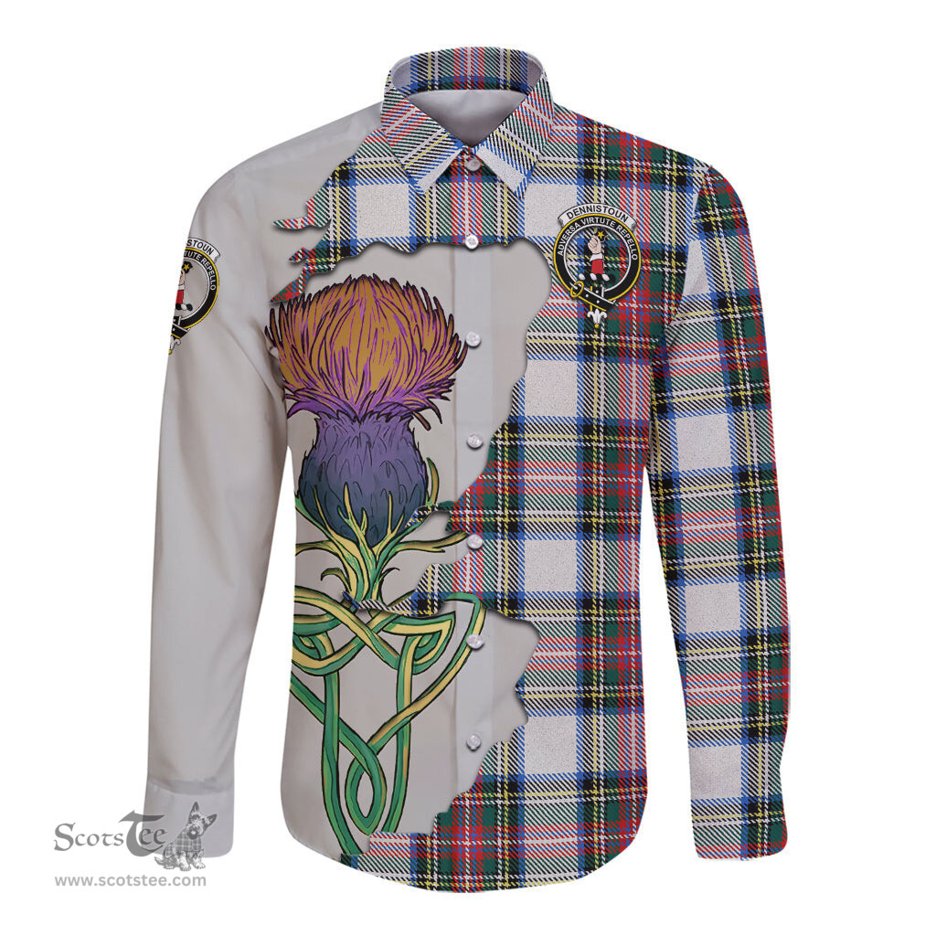 Scottish Dennistoun Clan Tartan Crest with Thistle and Scotland Map Tartan Long Sleeve Shirt Scottish Plaid Tartan Plaid - ScotsTee - scotstee.com