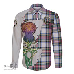 Scottish Dennistoun Clan Tartan Crest with Thistle and Scotland Map Tartan Long Sleeve Shirt Scottish Plaid Tartan Plaid - ScotsTee - scotstee.com