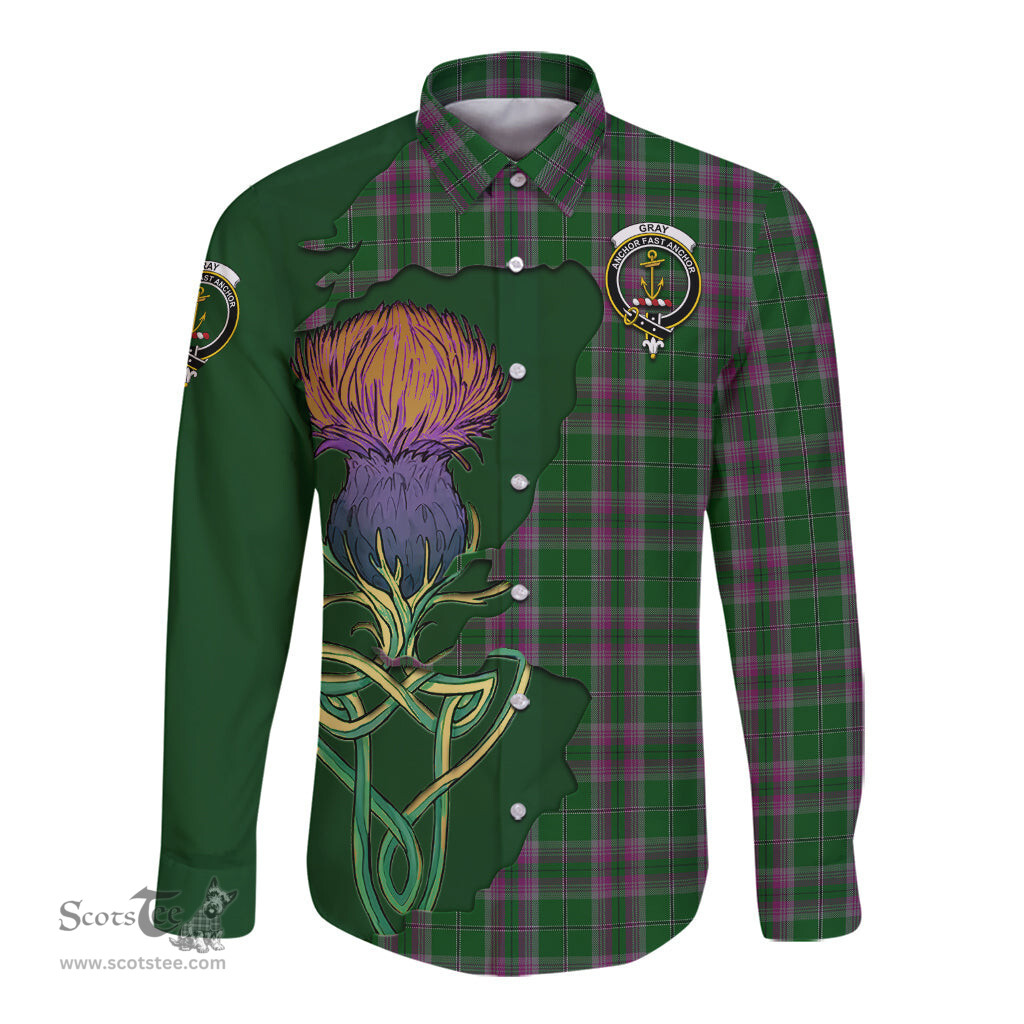 Scottish Gray Hunting Clan Tartan Crest with Thistle and Scotland Map Tartan Long Sleeve Shirt Scottish Plaid Tartan Plaid - ScotsTee - scotstee.com