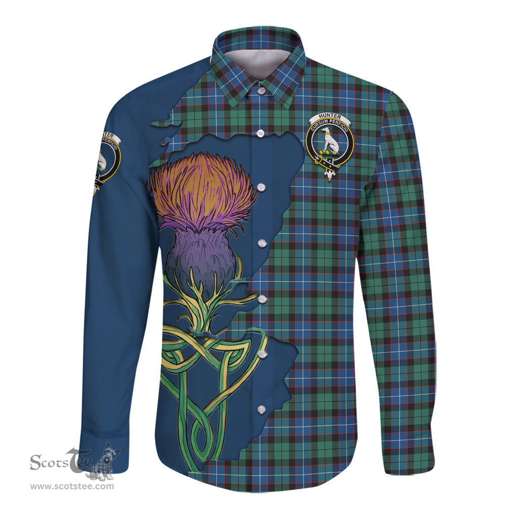 Scottish Hunter Ancient Clan Tartan Crest with Thistle and Scotland Map Tartan Long Sleeve Shirt Scottish Plaid Tartan Plaid - ScotsTee - scotstee.com