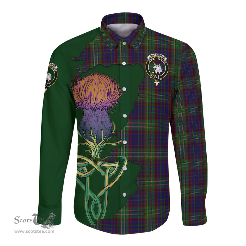 Scottish Cunningham Hunting Clan Tartan Crest with Thistle and Scotland Map Tartan Long Sleeve Shirt Scottish Plaid Tartan Plaid - ScotsTee - scotstee.com