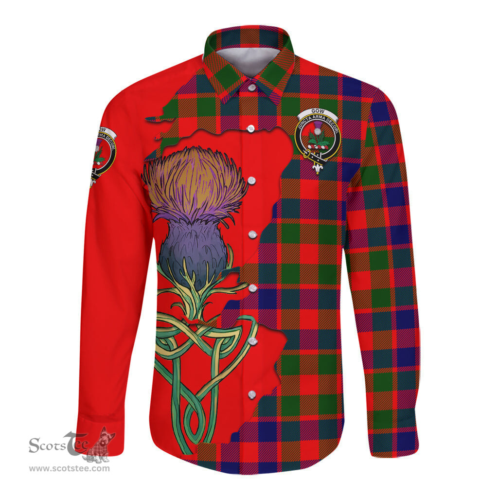 Scottish Gow of Skeoch Clan Tartan Crest with Thistle and Scotland Map Tartan Long Sleeve Shirt Scottish Plaid Tartan Plaid - ScotsTee - scotstee.com
