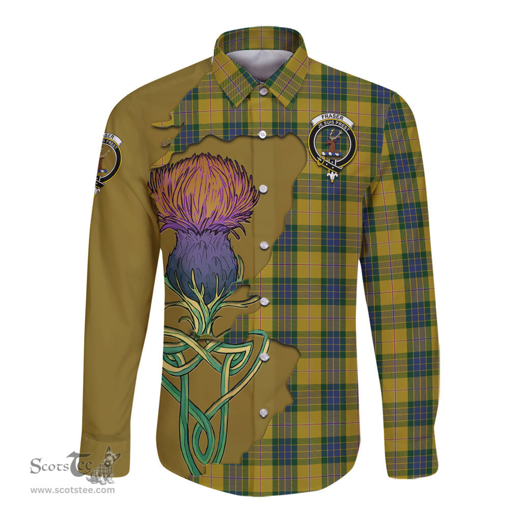 Scottish Fraser Yellow Clan Tartan Crest with Thistle and Scotland Map Tartan Long Sleeve Shirt Scottish Plaid Tartan Plaid - ScotsTee - scotstee.com
