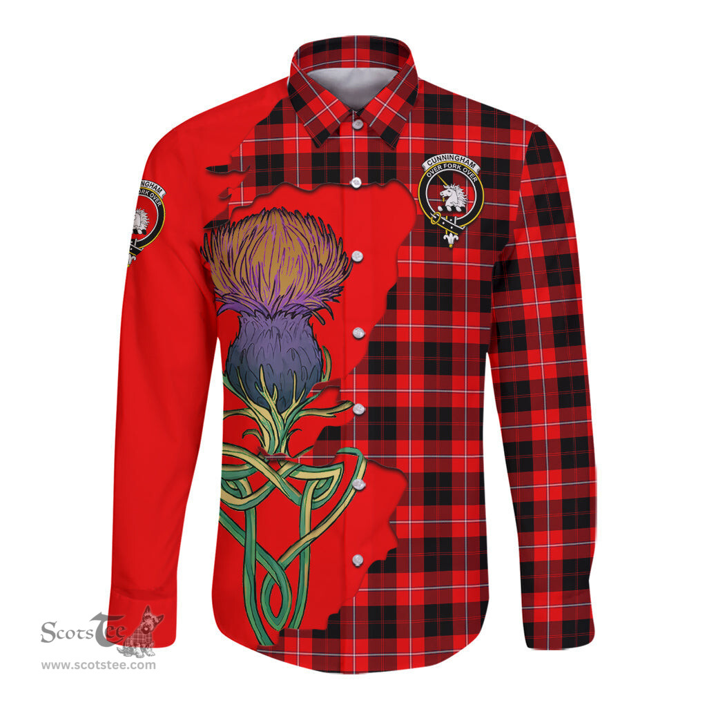 Scottish Cunningham Modern Clan Tartan Crest with Thistle and Scotland Map Tartan Long Sleeve Shirt Scottish Plaid Tartan Plaid - ScotsTee - scotstee.com