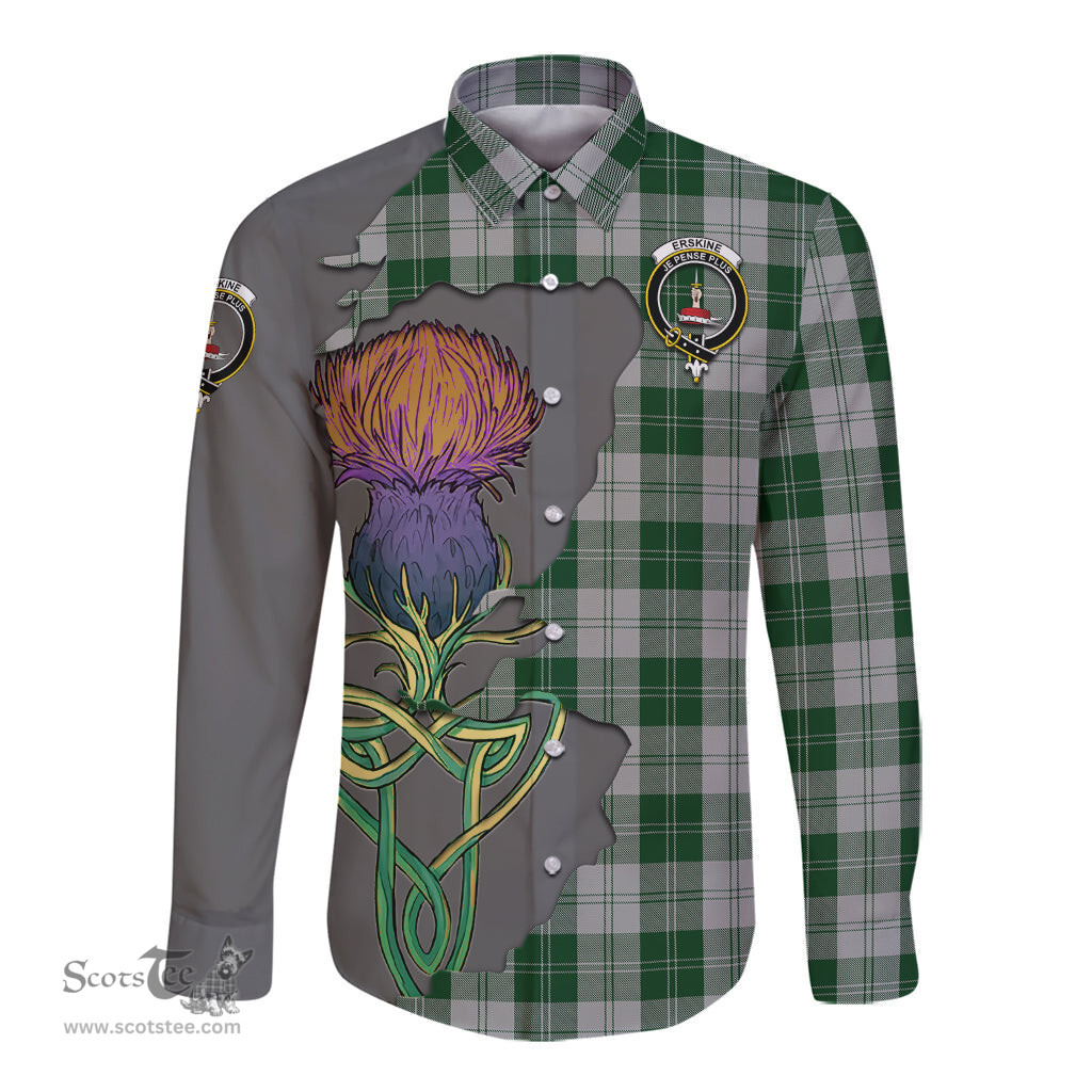 Scottish Erskine Green Clan Tartan Crest with Thistle and Scotland Map Tartan Long Sleeve Shirt Scottish Plaid Tartan Plaid - ScotsTee - scotstee.com