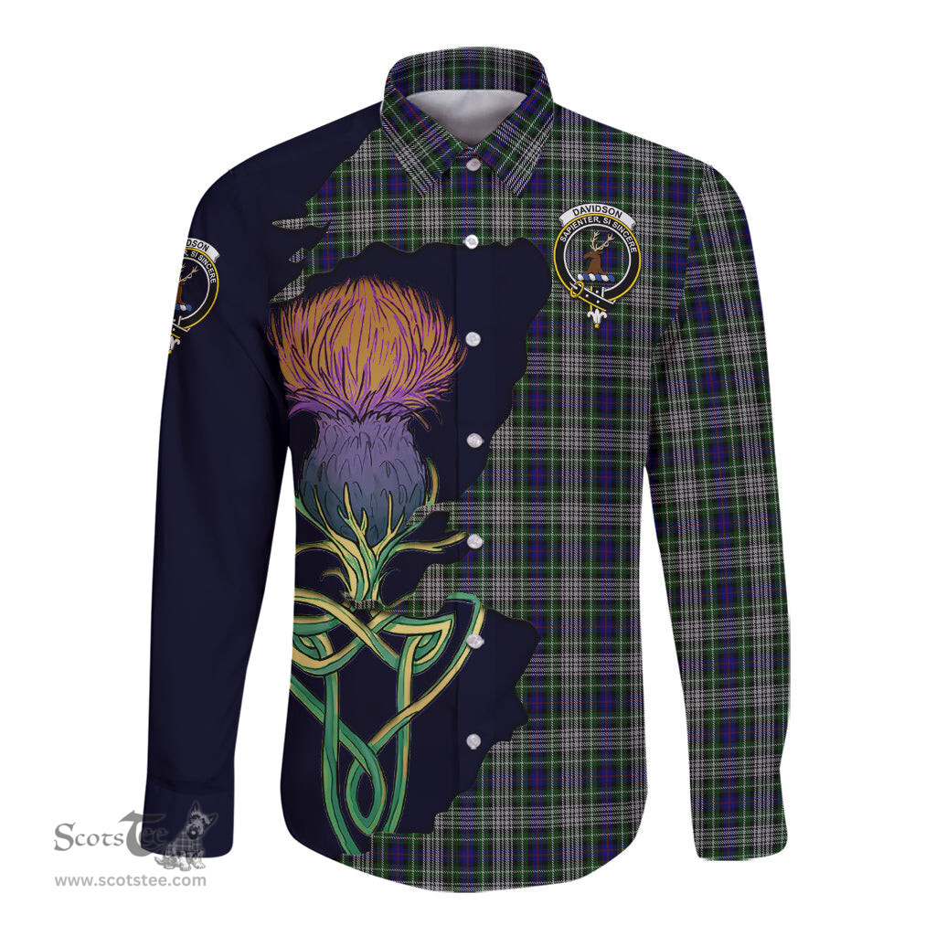 Scottish Davidson of Tulloch Dress Clan Tartan Crest with Thistle and Scotland Map Tartan Long Sleeve Shirt Scottish Plaid Tartan Plaid - ScotsTee - scotstee.com