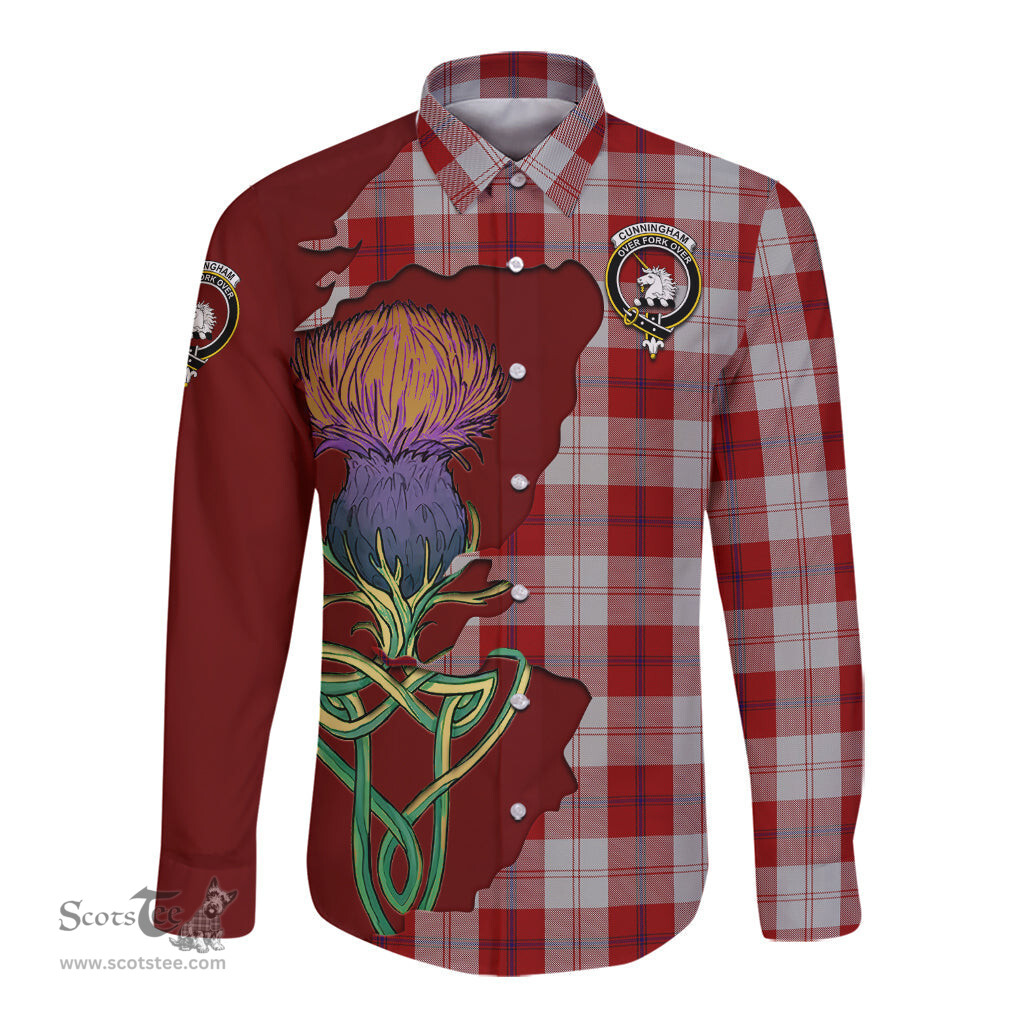 Scottish Cunningham Dress Clan Tartan Crest with Thistle and Scotland Map Tartan Long Sleeve Shirt Scottish Plaid Tartan Plaid - ScotsTee - scotstee.com