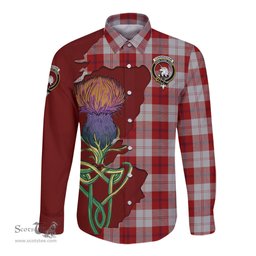 Scottish Cunningham Dress Clan Tartan Crest with Thistle and Scotland Map Tartan Long Sleeve Shirt Scottish Plaid Tartan Plaid - ScotsTee - scotstee.com