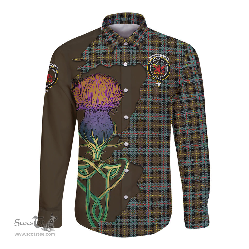 Scottish Farquharson Weathered Clan Tartan Crest with Thistle and Scotland Map Tartan Long Sleeve Shirt Scottish Plaid Tartan Plaid - ScotsTee - scotstee.com