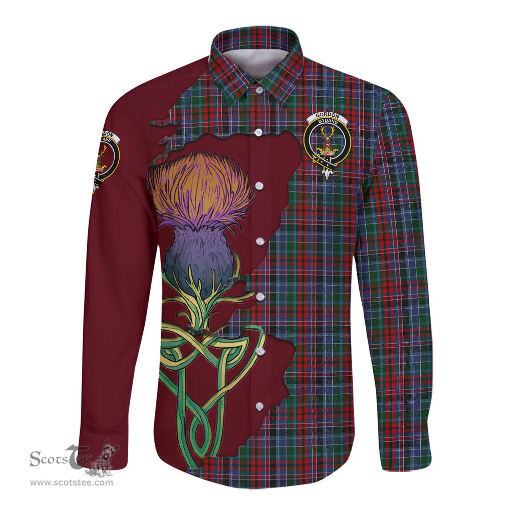 Scottish Gordon Red Clan Tartan Crest with Thistle and Scotland Map Tartan Long Sleeve Shirt Scottish Plaid Tartan Plaid - ScotsTee - scotstee.com