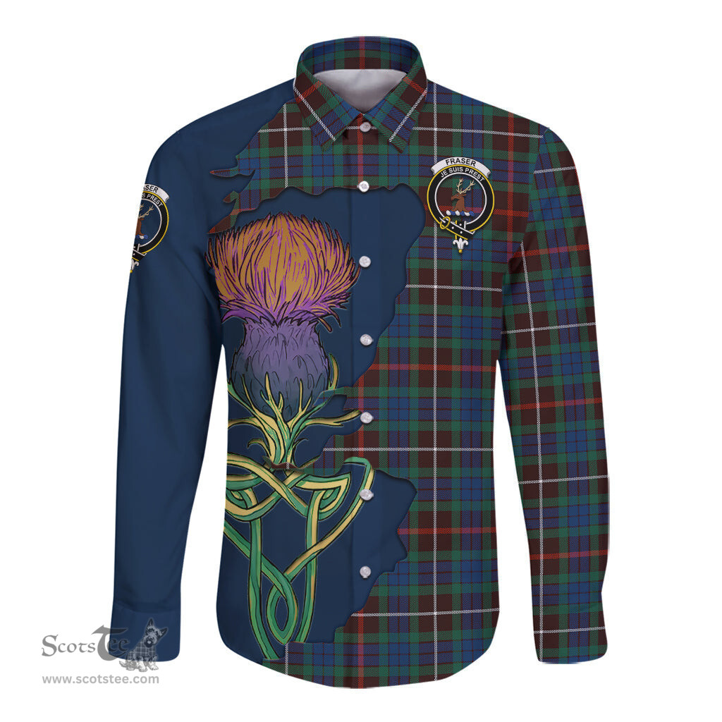 Scottish Fraser Hunting Ancient Clan Tartan Crest with Thistle and Scotland Map Tartan Long Sleeve Shirt Scottish Plaid Tartan Plaid - ScotsTee - scotstee.com