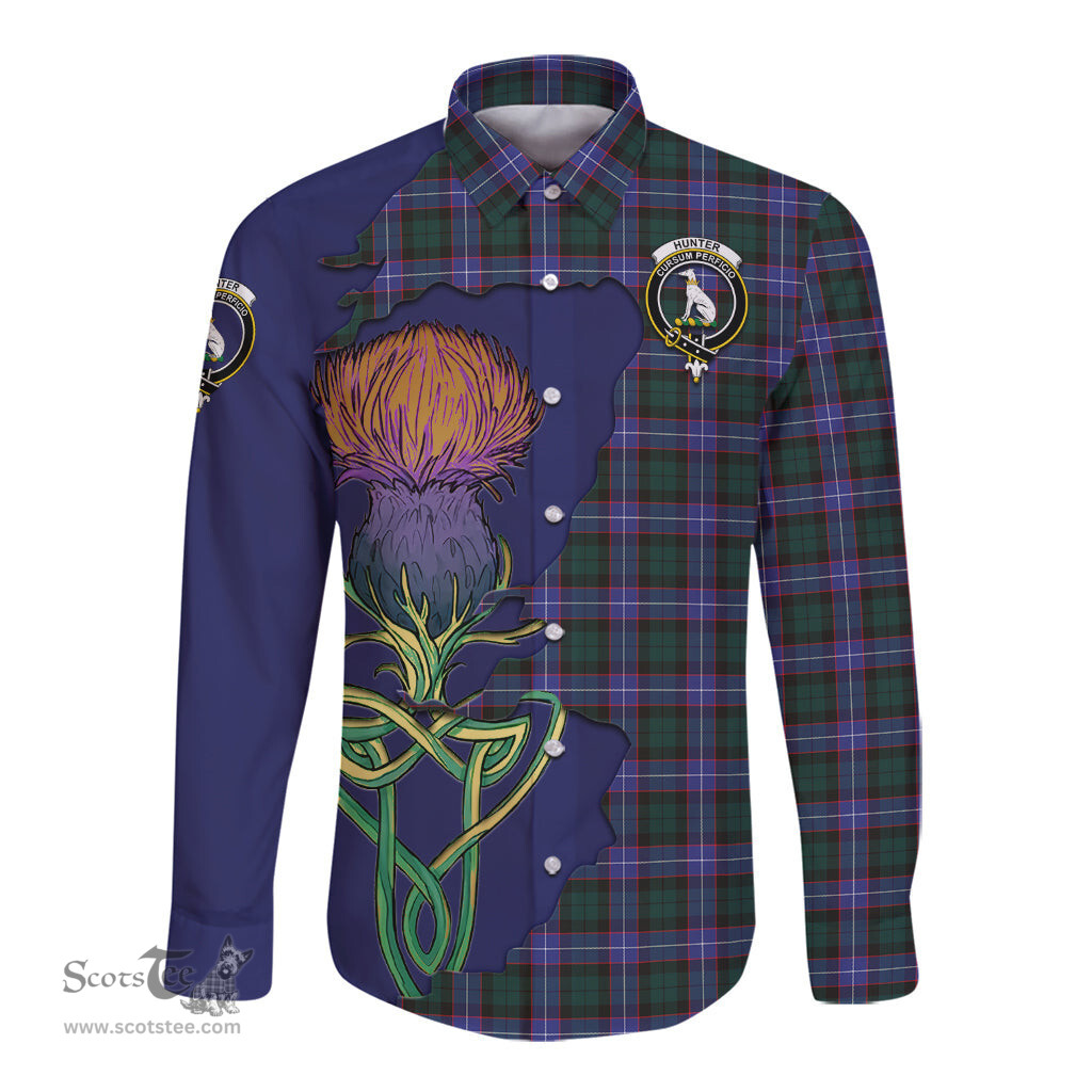 Scottish Hunter Modern Clan Tartan Crest with Thistle and Scotland Map Tartan Long Sleeve Shirt Scottish Plaid Tartan Plaid - ScotsTee - scotstee.com