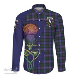 Scottish Hunter Modern Clan Tartan Crest with Thistle and Scotland Map Tartan Long Sleeve Shirt Scottish Plaid Tartan Plaid - ScotsTee - scotstee.com
