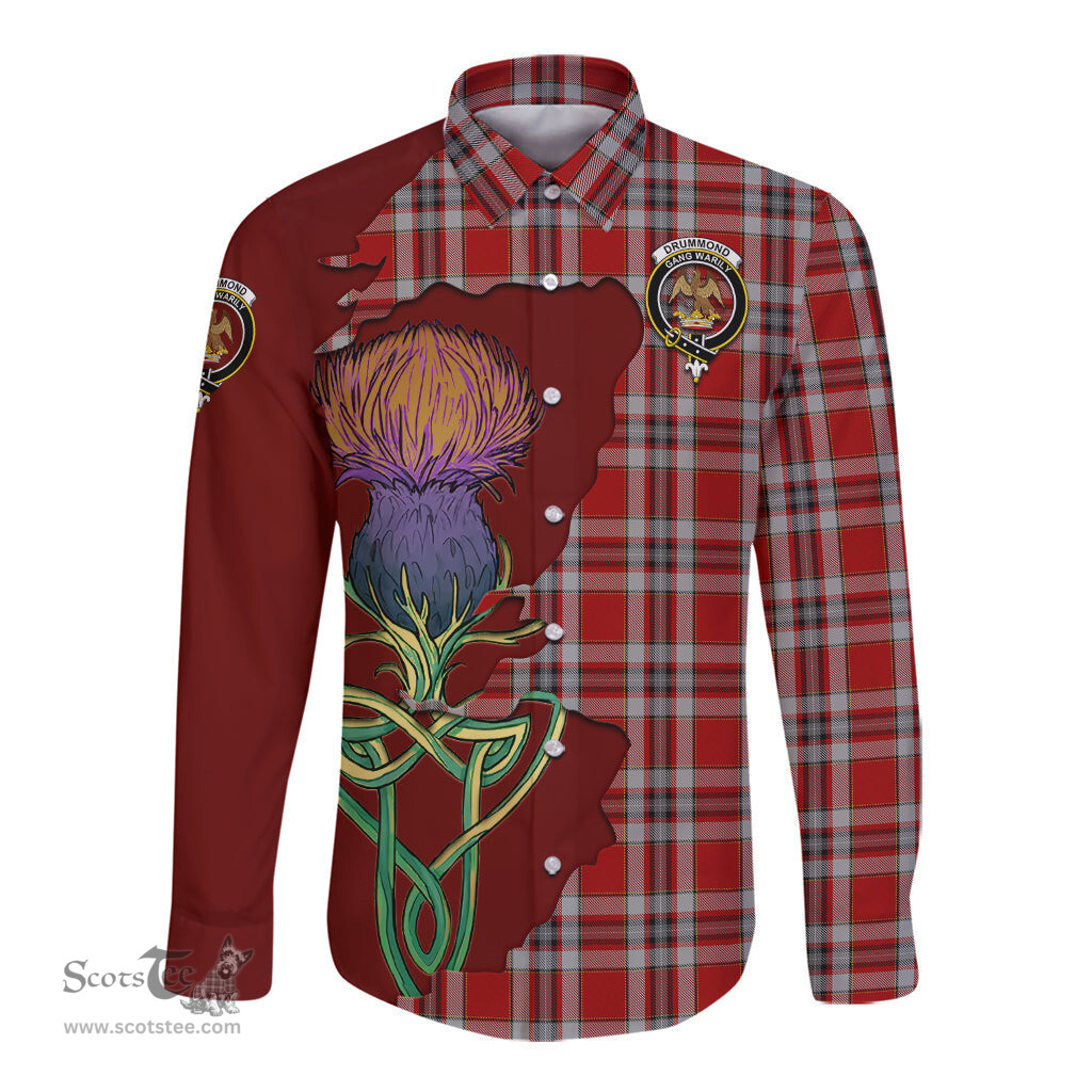 Scottish Drummond of Perth Dress Clan Tartan Crest with Thistle and Scotland Map Tartan Long Sleeve Shirt Scottish Plaid Tartan Plaid - ScotsTee - scotstee.com
