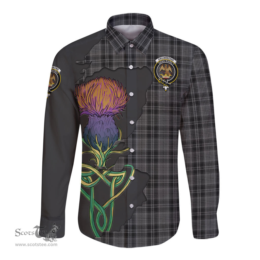 Scottish Drummond Grey Clan Tartan Crest with Thistle and Scotland Map Tartan Long Sleeve Shirt Scottish Plaid Tartan Plaid - ScotsTee - scotstee.com