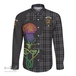 Scottish Drummond Grey Clan Tartan Crest with Thistle and Scotland Map Tartan Long Sleeve Shirt Scottish Plaid Tartan Plaid - ScotsTee - scotstee.com