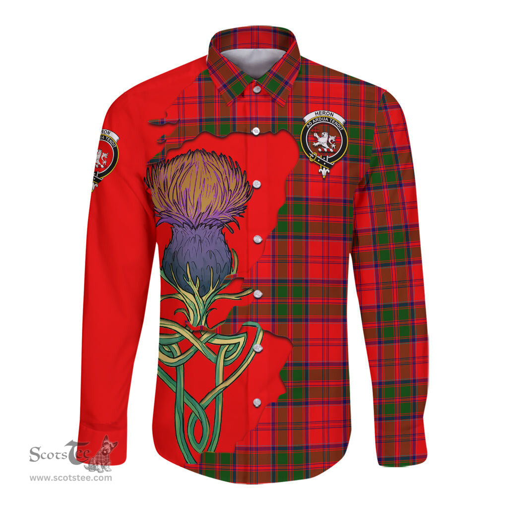 Scottish Heron Clan Tartan Crest with Thistle and Scotland Map Tartan Long Sleeve Shirt Scottish Plaid Tartan Plaid - ScotsTee - scotstee.com