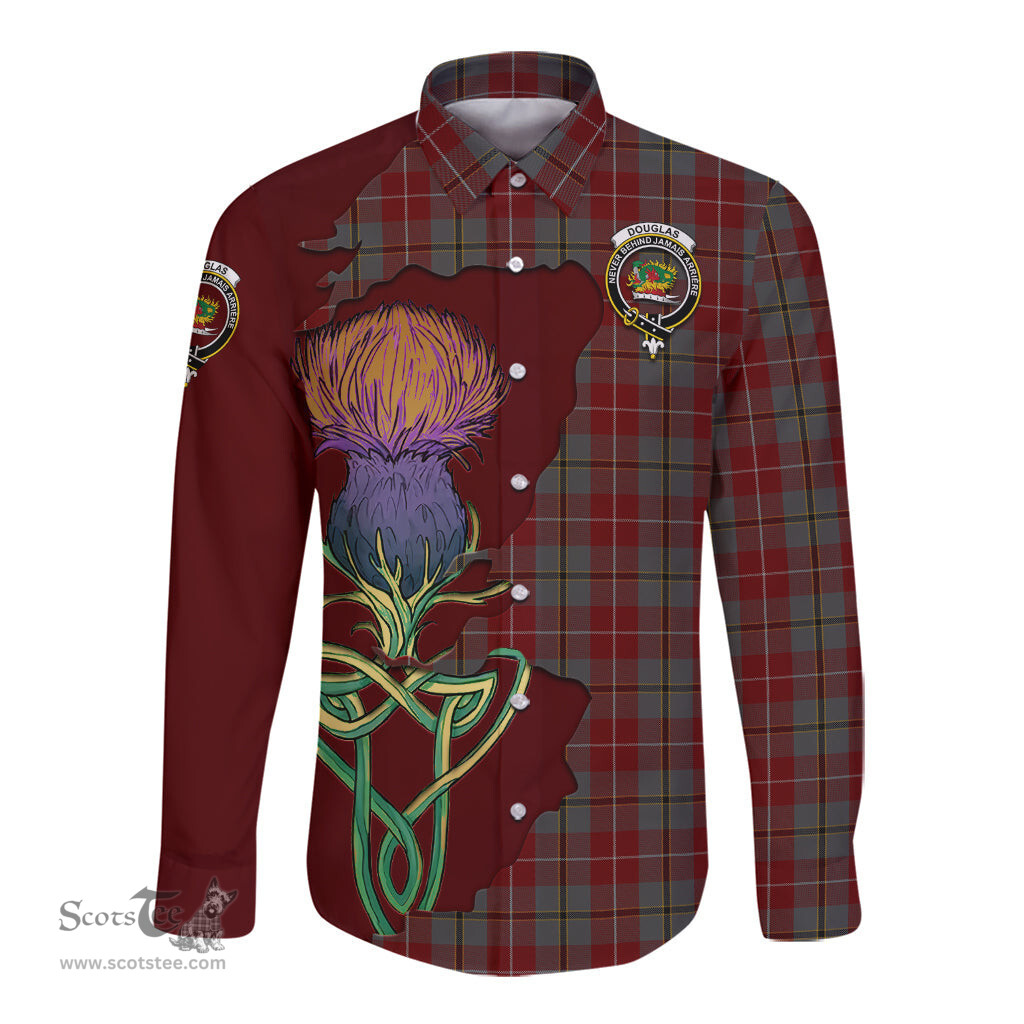 Scottish Douglas Ancient Red Clan Tartan Crest with Thistle and Scotland Map Tartan Long Sleeve Shirt Scottish Plaid Tartan Plaid - ScotsTee - scotstee.com