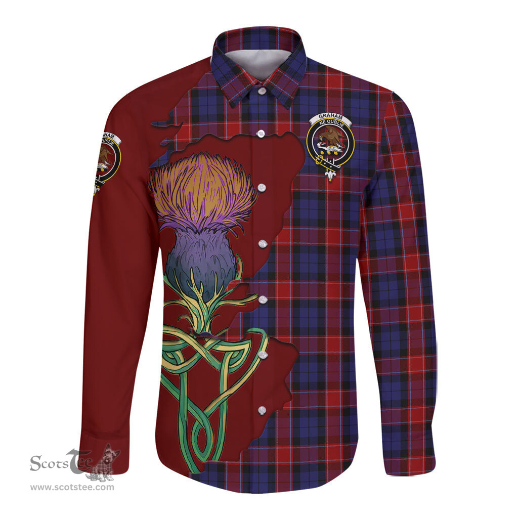 Scottish Graham of Menteith Red Clan Tartan Crest with Thistle and Scotland Map Tartan Long Sleeve Shirt Scottish Plaid Tartan Plaid - ScotsTee - scotstee.com