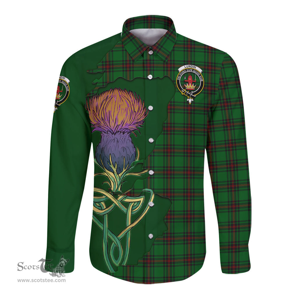 Scottish Lundin Clan Tartan Crest with Thistle and Scotland Map Tartan Long Sleeve Shirt Scottish Plaid Tartan Plaid - ScotsTee - scotstee.com
